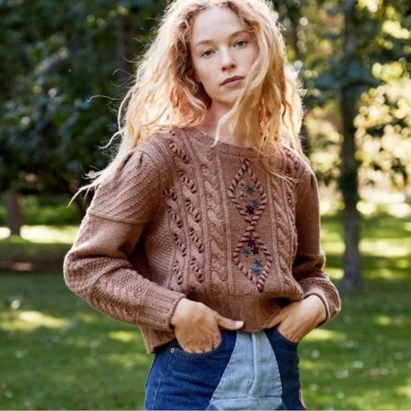 $350 LoveShackFancy Leni Embroidered Pullover Sweater in Maplewood Brown small - Picture 1 of 6
